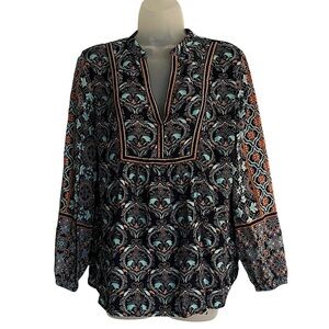 LOFT Peasant Blouse Navy Paisley Long Sleeve V-Neck Relaxed Fit Tunic Size Med